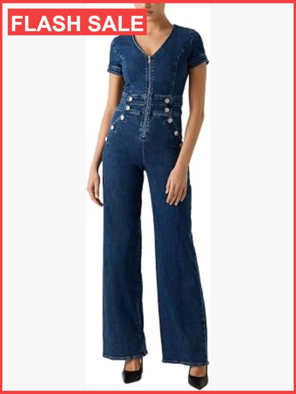 Short Sleeve Denim Jumpsuit with Zip Front and Wide Legs